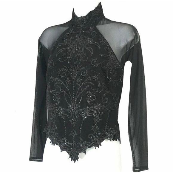 Tadashi Tops - Vintage 90s Tadashi Shoji Mesh Sheer Embellished Mock Neck Top Basque Waist Goth